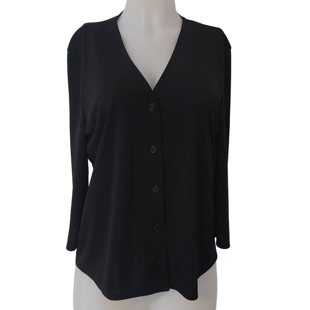 Kathie Lee Collection Business Casual Vacation Button Up Black Blouse Large